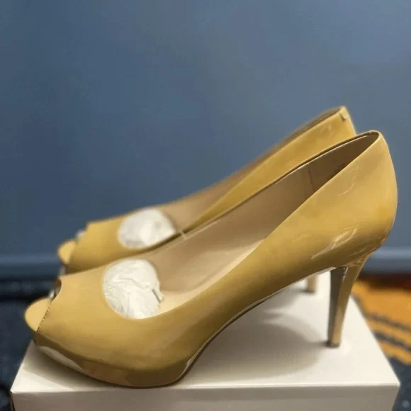 Nine West Glossy Tan Peep-Toe Heels - Picture 3 of 8